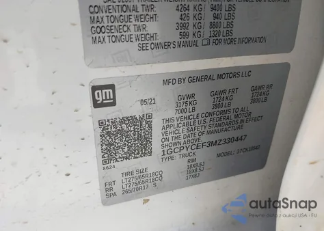 2021 Chevrolet Silverado K1500 Trail Boss Custom z USA, uszkodzony, nr VIN 1GCPYCEF3MZ330447